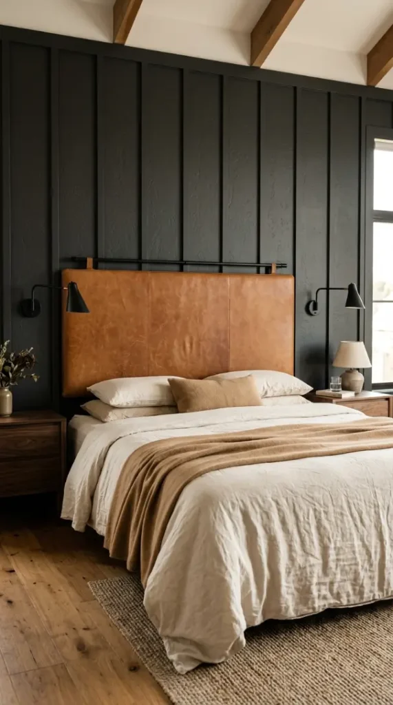 18 Modern Farmhouse Bedroom Ideas Dark Board and Batten 7 7. Dark Board and Batten With Vintage Leather Headboard