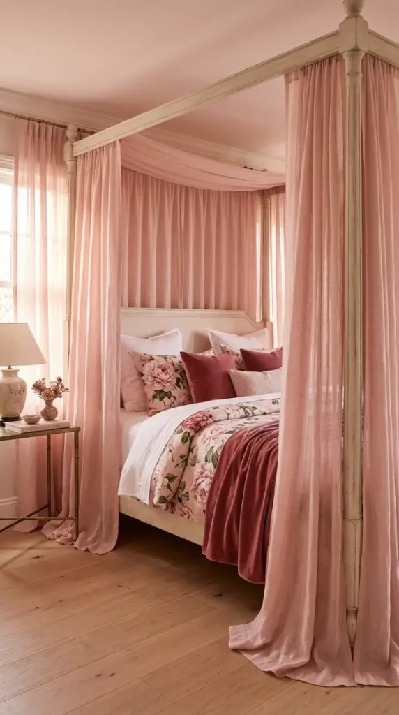 22 Floral Bedding Ideas Blush Peony Romantic Luxury Bed 7 7. Four-Poster Canopy Bed with Flowing Blush Linen Drapes