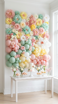 20 DIY Spring Party Decor Ideas Paper Flower Balloon Wall 7 7. Half-Wall Paper Flower and Balloon Panel