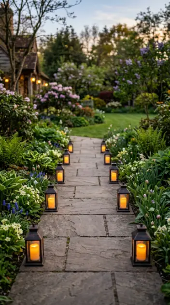 20 Spring Lantern Decor Ideas for Home and Garden 7 7. Lantern Lined Garden Pathway for Spring Evening Ambiance