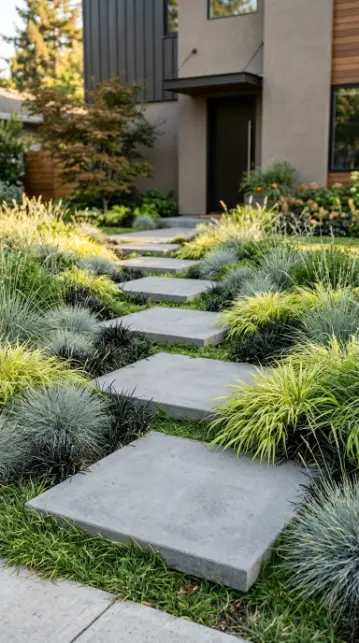 20 Simple Front Yard Landscaping Stepping Stone Path 7 7. Large Format Concrete Stepping Slabs Through Low Ornamental Grass