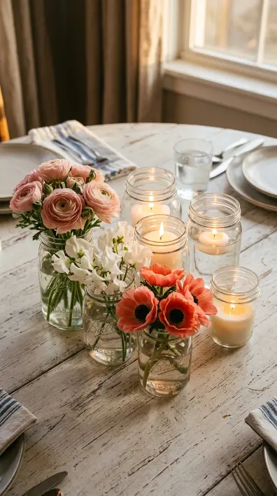 20 Simple DIY Spring Home Decoration - Mason Jar Flowers 7 7. Mason Jar Spring Flower Centerpiece with Candles