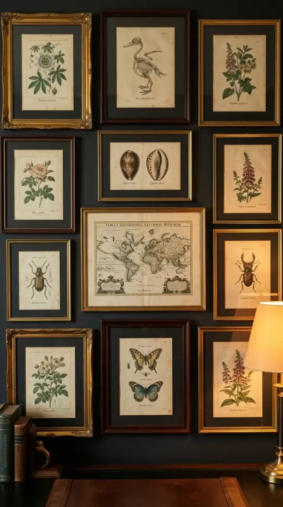 20 Quirky Home Decor Curiosity Cabinet Dark Office 7 7. Mount Framed Antique Botanical and Anatomical Prints on the Dark Walls