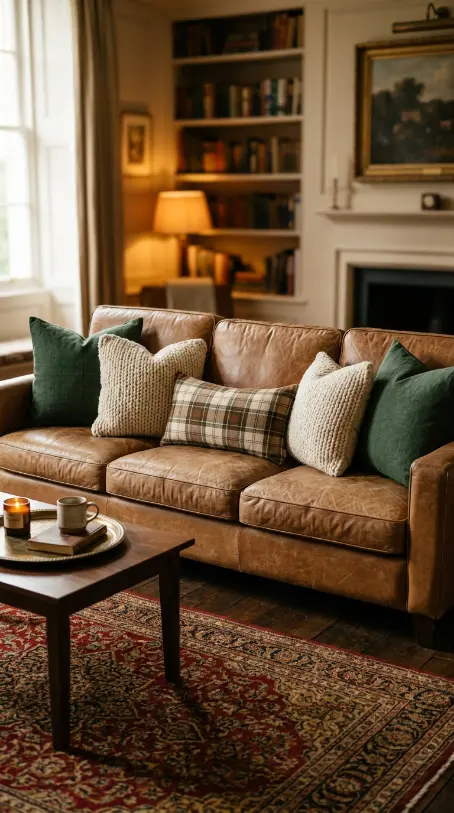 25 Throw Pillow Combinations That Transform Any Sofa 7 7. The Camel or Tan Leather Sofa Combination