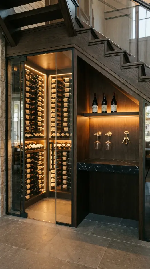 24 Luxury Staircase Storage Ideas Glass Wine Cellar Style 7 7. Under-Stair Glass Cellar With Tasting Nook