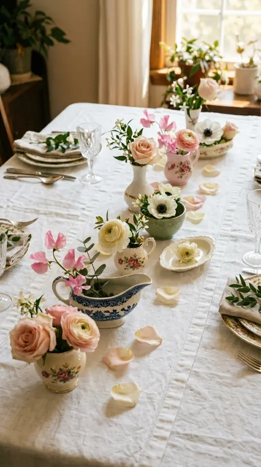 22 Mother's Day Brunch Decorations With Vintage China 7 7. Vintage China Bud Vase Collection Runner
