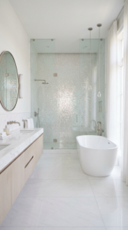 18 Incredible Luxury Bathroom Ideas White Marble Glamour 7 7. White Marble and Mother of Pearl Mosaic Bathroom