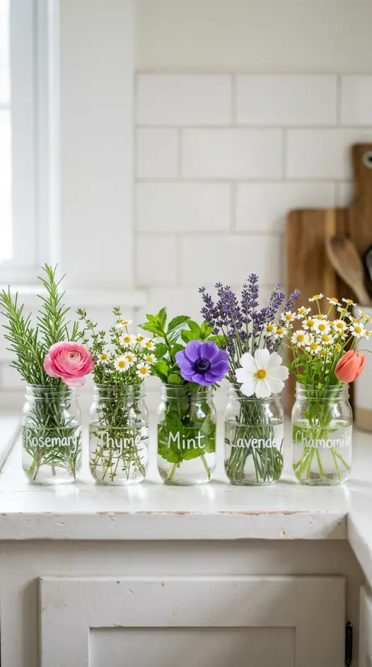 20 Simple DIY Spring Home Decoration - Mason Jar Flowers 8 8. Chalk-Labeled Mason Jars as Kitchen Herb Vases