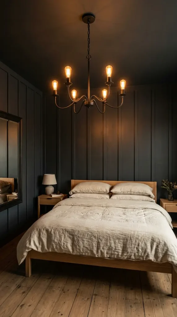 18 Modern Farmhouse Bedroom Ideas Dark Board and Batten 8 8. Dark Board and Batten With Black Iron Chandelier as Room Centerpiece