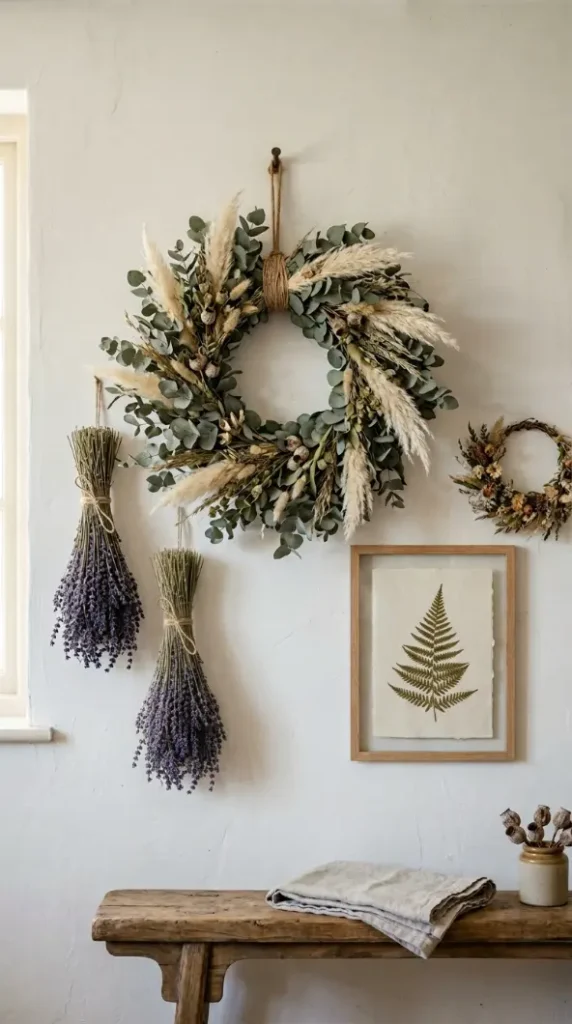 22 Farmhouse Living Room Wall Decor Ideas 8 8. Dried Botanical and Wreath Wall Display