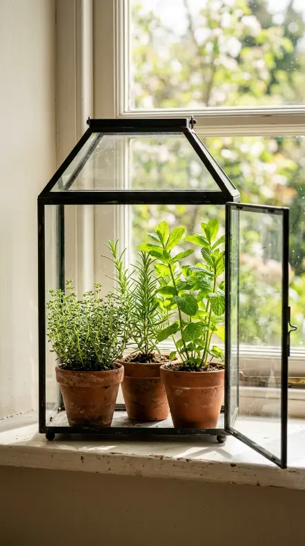 20 Spring Lantern Decor Ideas for Home and Garden 8 8. Lantern Filled With Spring Herbs on a Kitchen Windowsill