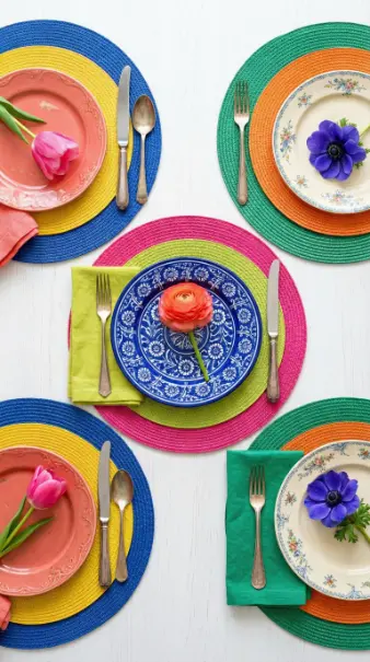 22 Spring Table Decor Ideas - Dopamine Colorful Brunch Style 8 8. Layered Colorful Placemats Under Every Setting