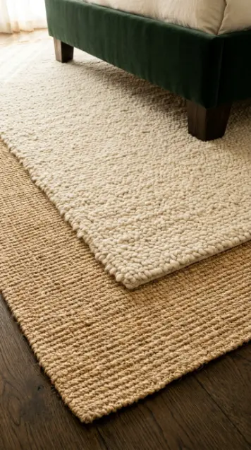 22 Earthy Cozy Bedroom - Dark Green Velvet Brass Luxury 8 8. Layered Earthy Bedroom Rug — Jute Under Wool