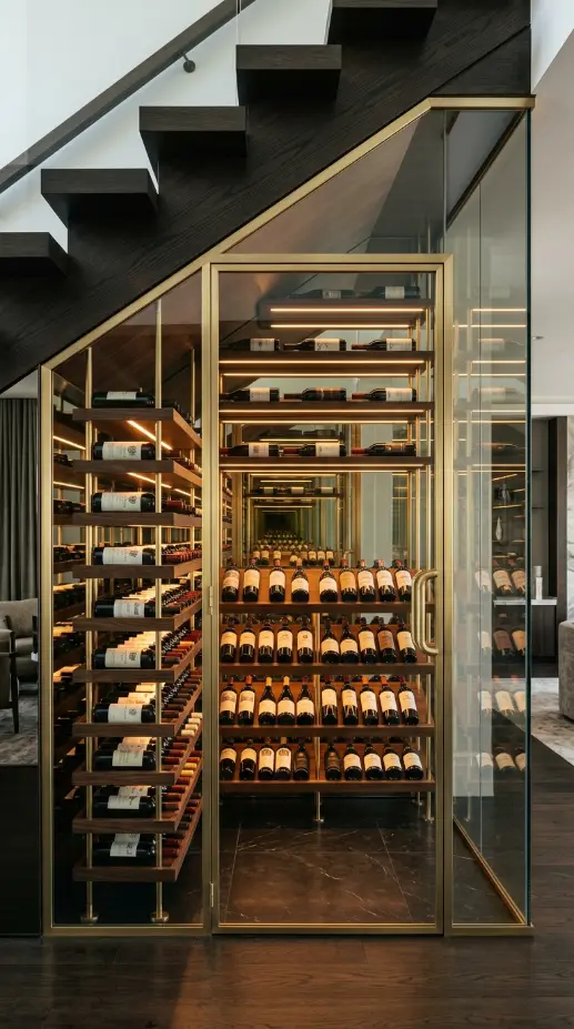 24 Luxury Staircase Storage Ideas Glass Wine Cellar Style 8 8. Mirrored Back Wall Glass Wine Display