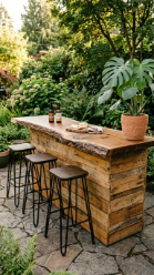 18 Easy Outdoor Kitchen DIY Ideas Pallet Wood Bar Grill 8 8. Pallet Wood Bar With Live Edge Timber Countertop