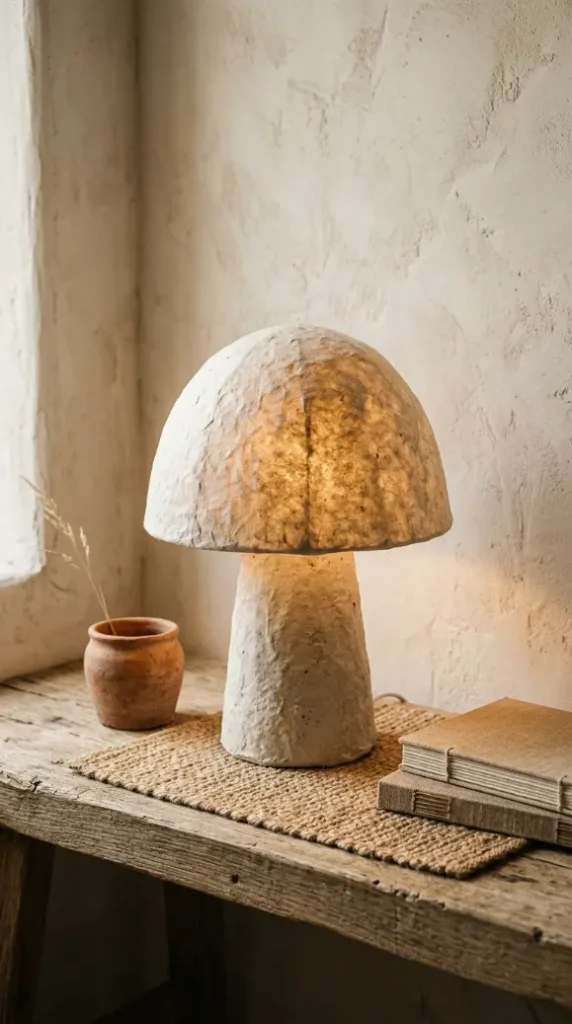18 Mushroom Lamp Decor Ideas for Every Home Aesthetic 8 8. Papier-Mâché Mushroom Lamp in a Wabi-Sabi Interior