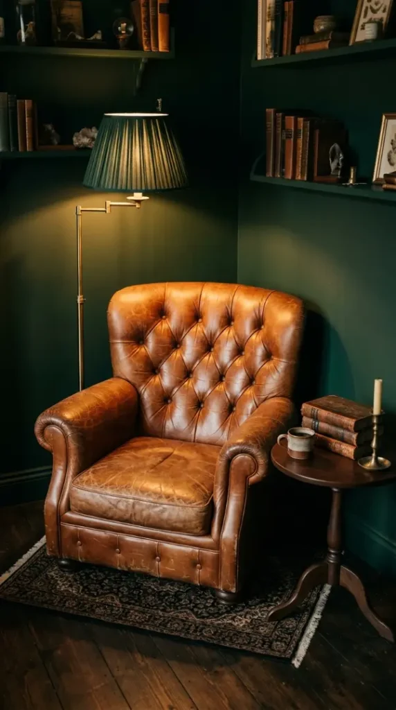 20 Quirky Home Decor Curiosity Cabinet Dark Office 8 8. Place a Worn Leather Chesterfield Armchair in the Reading Corner