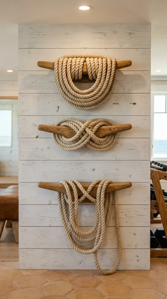 22 Coastal Home Gym Inspiration: Garage Conversion Ideas 8 8. Rope Storage Wall with Nautical Knot Detail
