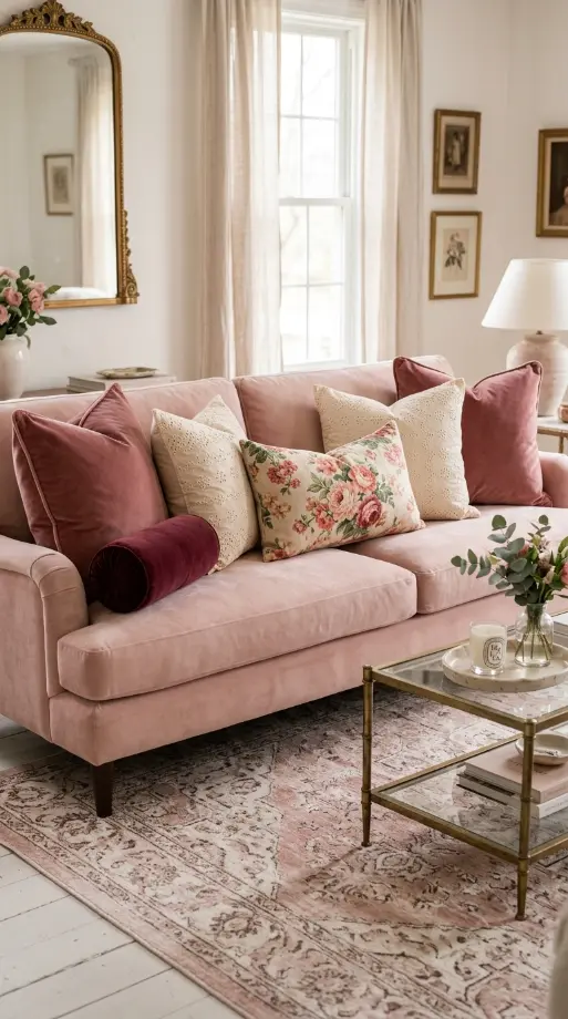 25 Throw Pillow Combinations That Transform Any Sofa 8 8. The Blush Pink Sofa Romantic Maximalist Combination