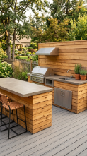 18 Easy Outdoor Kitchen DIY Ideas Modern L-Shape Build 8 8. Timber Frame L-Shape With Shiplap Cedar Cladding and Concrete Countertop