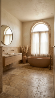 18 Incredible Luxury Bathroom Ideas Travertine Spa Style 8 8. Travertine Spa Bathroom With Limewash Plaster Walls Above