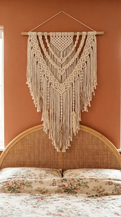 22 Vintage Floral Bedding Boho Rattan Bedroom Terracotta 8 8. Use Macramé Wall Art Above the Bed