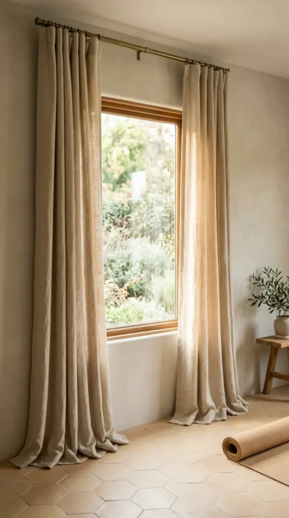 18 Warm Neutral Home Gym Studio Spare Bedroom Conversion 8 8. Warm Linen Curtains to Soften the Window and Control Light