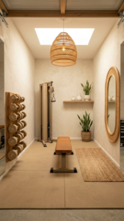 18 Coastal Home Gym Inspiration Garage Conversion Ideas 8 8. Warm Neutral Coastal Gym With Limewash Walls and Rattan Decor