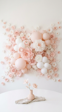 20 DIY Spring Party Decor Ideas Paper Flower Balloon Wall 8 8. Watercolor-Inspired Soft Blush and White Paper Flower Balloon Wall