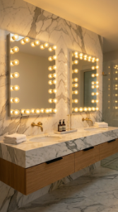 18 Incredible Luxury Bathroom Ideas White Marble Glamour 8 8. White Marble Double Vanity With Hollywood Mirror Lighting