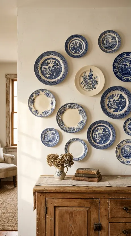 22 Farmhouse Living Room Wall Decor Ideas 9 9. Antique Plate Wall Collection