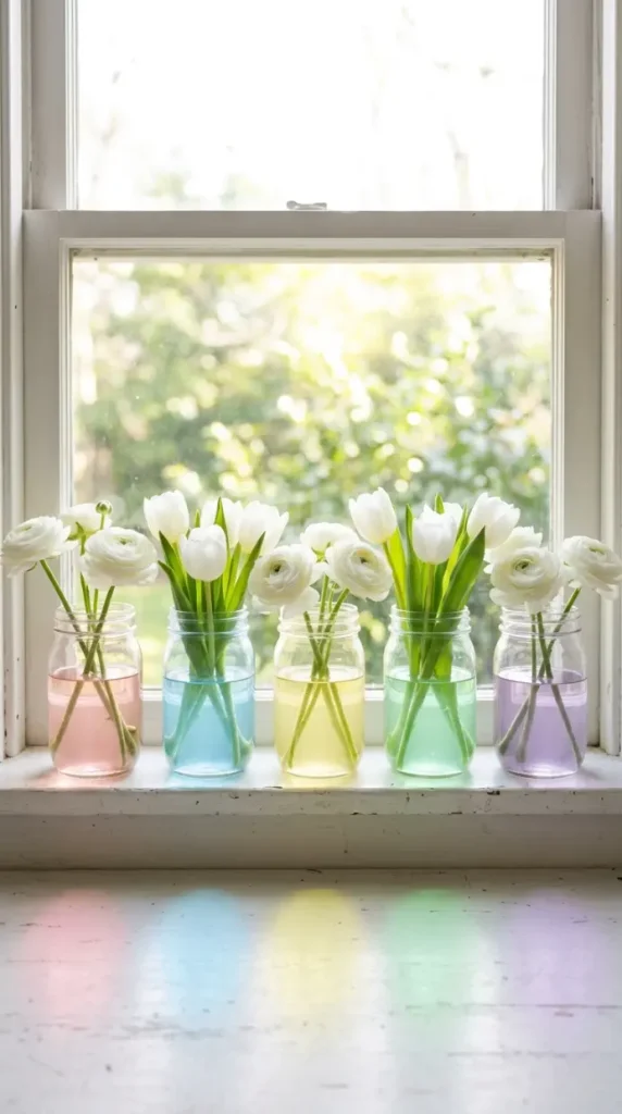 20 Simple DIY Spring Home Decoration - Mason Jar Flowers 9 9. Colored Water Mason Jar Tinted Display
