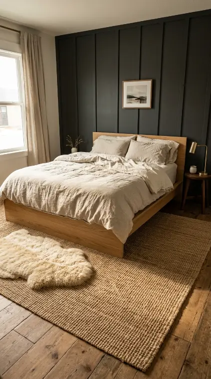 18 Modern Farmhouse Bedroom Ideas Dark Board and Batten 9 9. Dark Board and Batten With Woven Jute Rug and Natural Texture Layering