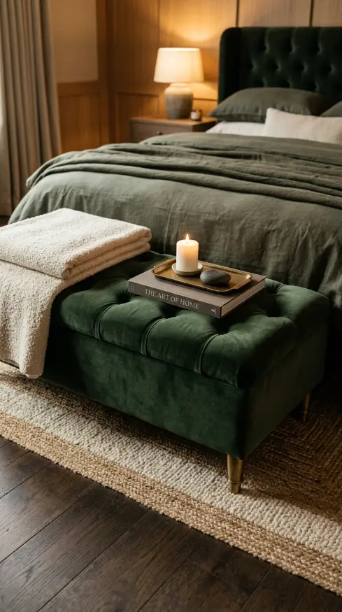 22 Earthy Cozy Bedroom - Dark Green Velvet Brass Luxury 9 9. Dark Green Velvet Ottoman at the Foot of the Bed