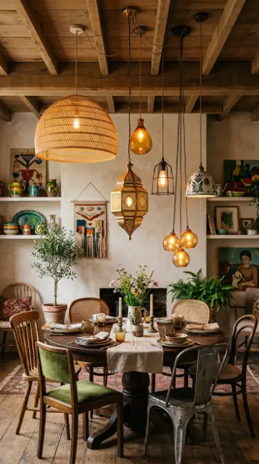 24 Eclectic Quirky Home Decor Ideas 9 9. Eclectic Mix of Pendant Lights at Varied Heights