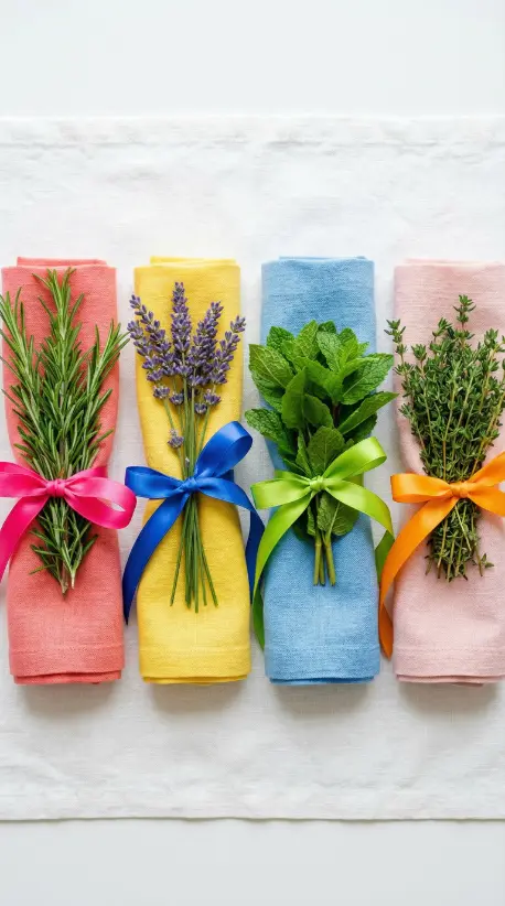 22 Spring Table Decor Ideas - Dopamine Colorful Brunch Style 9 9. Fresh Herb Bundles as Napkin Rings