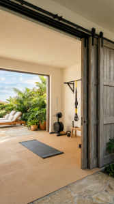 18 Coastal Home Gym Inspiration Garage Conversion Ideas 9 9. Garage Gym With Indoor Outdoor Flow and Sliding Timber Doors