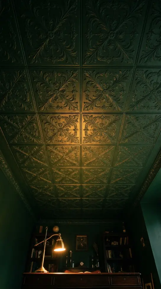 20 Quirky Home Decor Curiosity Cabinet Dark Office 9 9. Install a Dark Tin Ceiling for Architectural Drama Overhead
