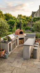 18 Easy Outdoor Kitchen DIY Ideas Modern L-Shape Build 9 9. L-Shape Build With Built-In Pizza Oven on the Corner