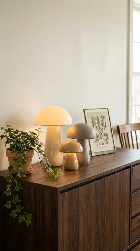 18 Mushroom Lamp Decor Ideas for Every Home Aesthetic 9 9. Mushroom Lamp Cluster of Three on a Dining Sideboard