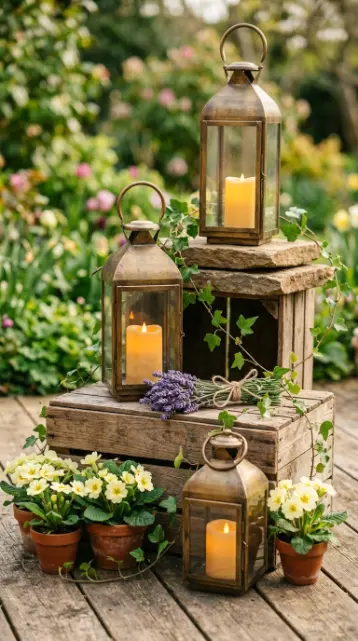 20 Spring Lantern Decor Ideas for Home and Garden 9 9. Outdoor Lanterns Styled on Stacked Books and Wooden Crates