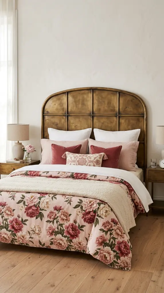 22 Floral Bedding Ideas Blush Peony Romantic Luxury Bed 9 9. Peony Print Bed with Aged Brass Headboard