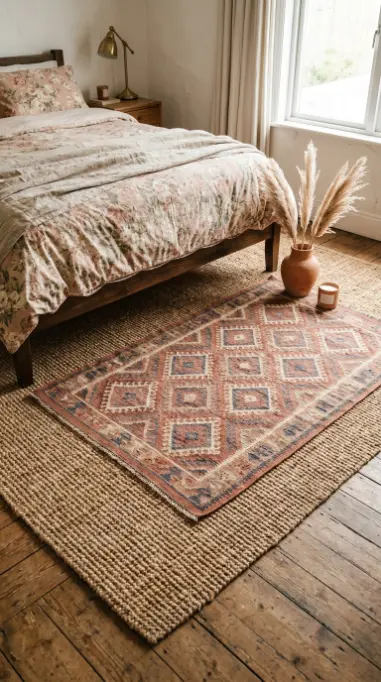 22 Vintage Floral Bedding Boho Rattan Bedroom Terracotta 9 9. Place a Jute Rug Layered With a Vintage Kilim Under the Bed