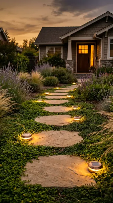 20 Simple Front Yard Landscaping Stepping Stone Path 9 9. Stepping Stone Path Edged With Solar Pathway Lights