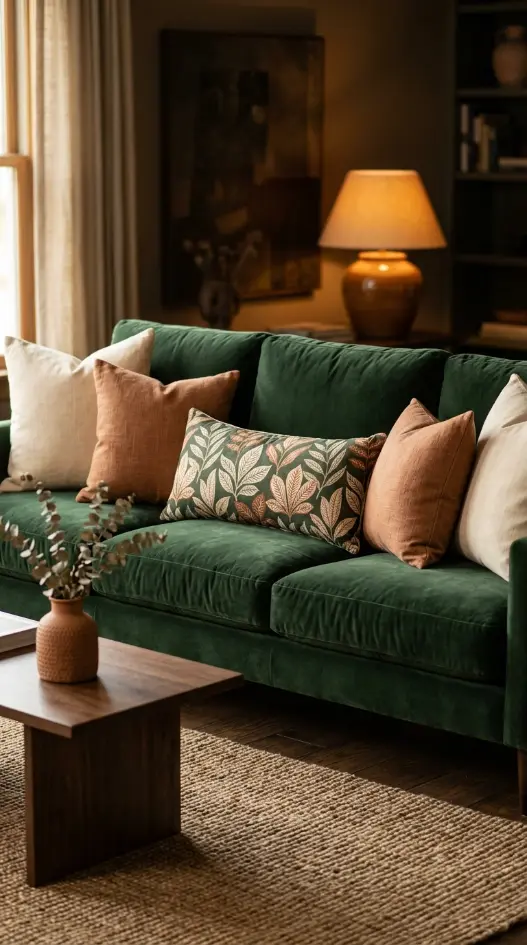 25 Throw Pillow Combinations That Transform Any Sofa 9 9. The Dark Green Velvet Sofa Earthy Luxury Combination