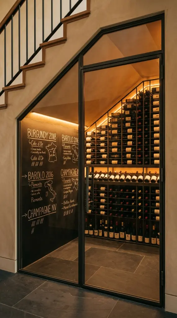 24 Luxury Staircase Storage Ideas Glass Wine Cellar Style 9 9. Under-Stair Glass Cellar With Chalk Label Wall