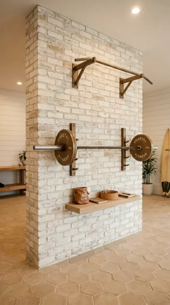 22 Coastal Home Gym Inspiration: Garage Conversion Ideas 9 9. Whitewashed Brick Feature Wall