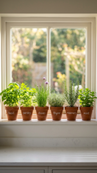 18 Herb Garden Ideas Indoor Kitchen Window Terracotta 1 1. A Classic Row of Terracotta Pots on the Kitchen Windowsill