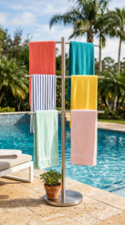 18 Pool Towel Storage Ideas to Keep Your Pool Area Tidy 1 1. A Freestanding Outdoor Towel Tree With Multiple Arms