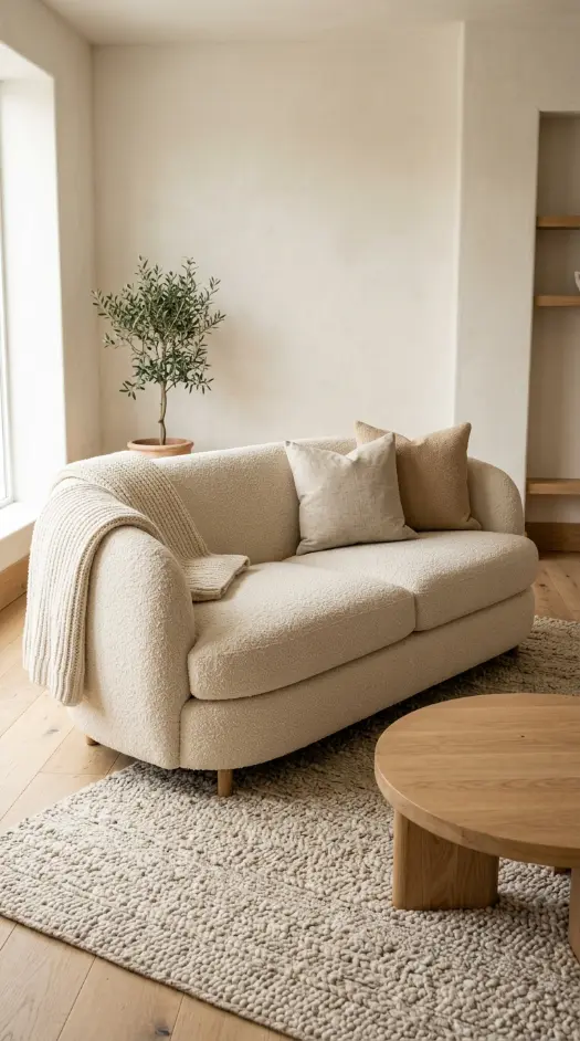 18 Minimalist Living Room Decor Ideas Warm Texture Curved 1 1. Anchor the Room With a Curved Boucle Sofa in Warm Cream or Oatmeal